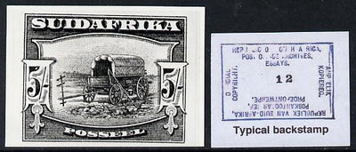 South Africa 1926-27 issue B&W photograph of original 5s Ox wagon essay inscribed in Afrikaans, approximately twice stamp-size. Official photograph from the original artwork held by the Government Printer in Pretoria with authorit……Details Below