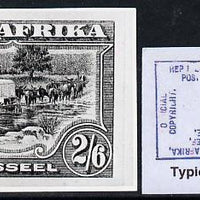 South Africa 1926-27 issue B&W photograph of original 2s6d Ox wagon essay inscribed in Afrikaans, approximately twice stamp-size similar to issued stamp which is included. Official photograph from the original artwork held by the ……Details Below