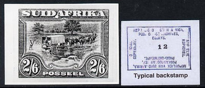 South Africa 1926-27 issue B&W photograph of original 2s6d Ox wagon essay inscribed in Afrikaans, approximately twice stamp-size similar to issued stamp which is included. Official photograph from the original artwork held by the ……Details Below