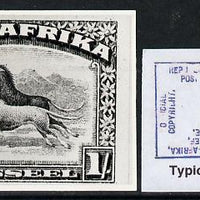 South Africa 1926-27 issue B&W photograph of original 1s Wildebeest essay inscribed in Afrikaans, approximately twice stamp-size slightly different to issued stamp which is included. Official photograph from the original artwork h……Details Below