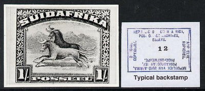 South Africa 1926-27 issue B&W photograph of original 1s Wildebeest essay inscribed in Afrikaans, approximately twice stamp-size slightly different to issued stamp which is included. Official photograph from the original artwork h……Details Below