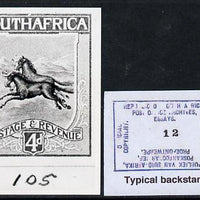 South Africa 1926-27 issue B&W photograph of original 4d Wildebeest essay inscribed in English, approximately twice stamp-size slightly different to issued stamp which is included. Official photograph from the original artwork hel……Details Below
