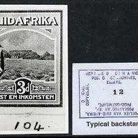 South Africa 1926-27 issue Harrison's B&W photograph of original 3d pictorial essay inscribed in Afrikaans, approximately twice stamp-size. Official photograph from the original artwork held by the Government Printer in Pretoria w……Details Below