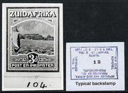 South Africa 1926-27 issue Harrison's B&W photograph of original 3d pictorial essay inscribed in Afrikaans, approximately twice stamp-size. Official photograph from the original artwork held by the Government Printer in Pretoria w……Details Below