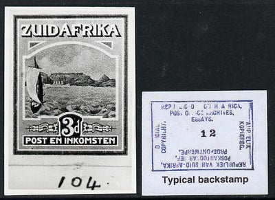 South Africa 1926-27 issue Harrison's B&W photograph of original 3d pictorial essay inscribed in Afrikaans, approximately twice stamp-size. Official photograph from the original artwork held by the Government Printer in Pretoria w……Details Below
