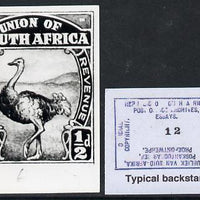 South Africa 1926-27 issue Perkins Bacon B&W photograph of original 1/2d Ostrich essay inscribed in English approximately twice stamp-size. Official photograph from the original artwork held by the Government Printer in Pretoria w……Details Below