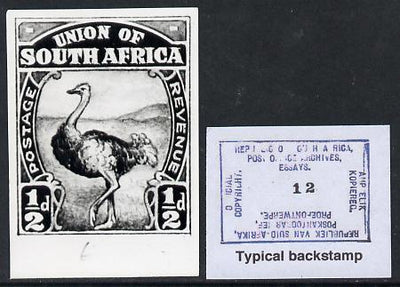 South Africa 1926-27 issue Perkins Bacon B&W photograph of original 1/2d Ostrich essay inscribed in English approximately twice stamp-size. Official photograph from the original artwork held by the Government Printer in Pretoria w……Details Below