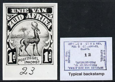 South Africa 1926-27 issue Perkins Bacon B&W photograph of original 1d Springbok essay inscribed in Afrikaans approximately twice stamp-size. Official photograph from the original artwork held by the Government Printer in Pretoria……Details Below