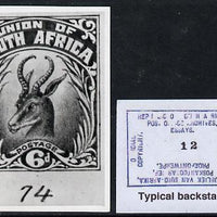 South Africa 1926-27 issue Perkins Bacon B&W photograph of original 6d Springbok essay inscribed in English approximately twice stamp-size. Official photograph from the original artwork held by the Government Printer in Pretoria w……Details Below