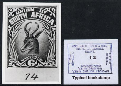 South Africa 1926-27 issue Perkins Bacon B&W photograph of original 6d Springbok essay inscribed in English approximately twice stamp-size. Official photograph from the original artwork held by the Government Printer in Pretoria w……Details Below
