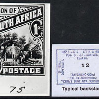 South Africa 1926-27 issue Perkins Bacon B&W photograph of original 1s Native Kraal essay inscribed in English approximately twice stamp-size. Official photograph from the original artwork held by the Government Printer in Pretori……Details Below