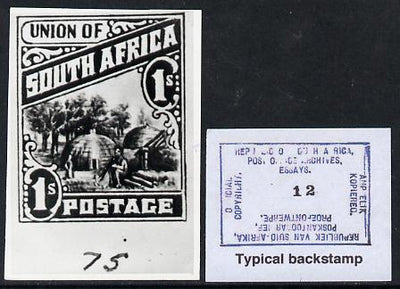 South Africa 1926-27 issue Perkins Bacon B&W photograph of original 1s Native Kraal essay inscribed in English approximately twice stamp-size. Official photograph from the original artwork held by the Government Printer in Pretori……Details Below