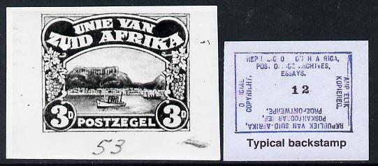 South Africa 1926-27 issue Perkins Bacon B&W photograph of original 3d Pictorial essay inscribed in Afrikaans approximately twice stamp-size. Official photograph from the original artwork held by the Government Printer in Pretoria……Details Below