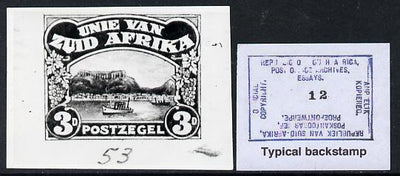 South Africa 1926-27 issue Perkins Bacon B&W photograph of original 3d Pictorial essay inscribed in Afrikaans approximately twice stamp-size. Official photograph from the original artwork held by the Government Printer in Pretoria……Details Below