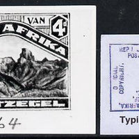 South Africa 1926-27 issue Perkins Bacon B&W photograph of original 4d Pictorial essay inscribed in Afrikaans approximately twice stamp-size. Official photograph from the original artwork held by the Government Printer in Pretoria……Details Below
