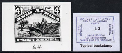 South Africa 1926-27 issue Perkins Bacon B&W photograph of original 4d Pictorial essay inscribed in Afrikaans approximately twice stamp-size. Official photograph from the original artwork held by the Government Printer in Pretoria……Details Below