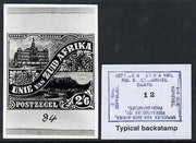 South Africa 1926-27 issue Perkins Bacon B&W photograph of original 2s6d Pictorial essay inscribed in Afrikaans approximately twice stamp-size. Official photograph from the original artwork held by the Government Printer in Pretor……Details Below