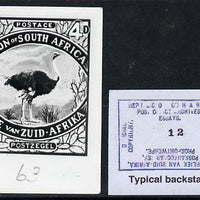 South Africa 1926-27 issue Perkins Bacon B&W photograph of original 4d Ostrich essay inscribed bi-lingually approximately twice stamp-size. Official photograph from the original artwork held by the Government Printer in Pretoria w……Details Below