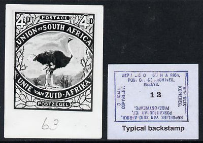 South Africa 1926-27 issue Perkins Bacon B&W photograph of original 4d Ostrich essay inscribed bi-lingually approximately twice stamp-size. Official photograph from the original artwork held by the Government Printer in Pretoria w……Details Below