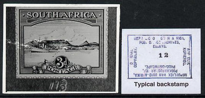 South Africa 1926-27 issue Perkins Bacon B&W photograph of original 3d Pictorial essay inscribed in English approximately twice stamp-size. Official photograph from the original artwork held by the Government Printer in Pretoria w……Details Below