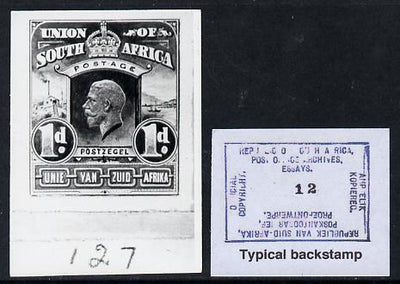 South Africa 1926-27 issue B&W photograph of original 1d Pictorial essay approximately twice stamp-size, probably designed by Mr Mackay. Official photograph from the original artwork held by the Government Printer in Pretoria with……Details Below