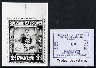South Africa 1926-27 issue Public Works Dept B&W photograph of original 1/2d Ostrich essay inscribed in English, approximately twice stamp-size. Official photograph from the original artwork held by the Government Printer in Preto……Details Below