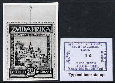 South Africa 1926-27 issue Public Works Dept B&W photograph of original 2.5d Pictorial essay inscribed in Afrikaans, approximately twice stamp-size. Official photograph from the original artwork held by the Government Printer in P……Details Below