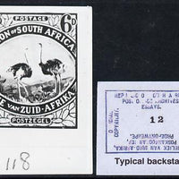 South Africa 1926-27 issue Public Works Dept B&W photograph of original 6d Ostrich essay inscribed bilingually, approximately twice stamp-size. Official photograph from the original artwork held by the Government Printer in Pretor……Details Below
