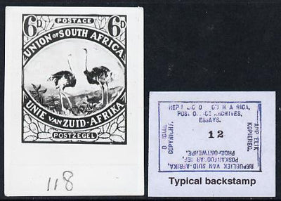 South Africa 1926-27 issue Public Works Dept B&W photograph of original 6d Ostrich essay inscribed bilingually, approximately twice stamp-size. Official photograph from the original artwork held by the Government Printer in Pretor……Details Below