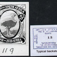 South Africa 1926-27 issue Public Works Dept B&W photograph of original 5s Ostrich essay inscribed bilingually, approximately twice stamp-size. Official photograph from the original artwork held by the Government Printer in Pretor……Details Below