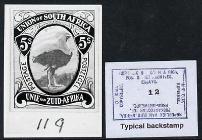 South Africa 1926-27 issue Public Works Dept B&W photograph of original 5s Ostrich essay inscribed bilingually, approximately twice stamp-size. Official photograph from the original artwork held by the Government Printer in Pretor……Details Below