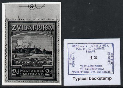 South Africa 1926-27 issue Public Works Dept B&W photograph of original 2d Pictorial essay inscribed in Afrikaans, approximately twice stamp-size. Official photograph from the original artwork held by the Government Printer in Pre……Details Below