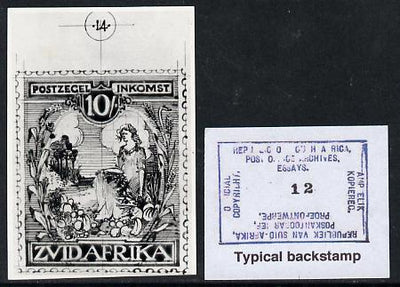 South Africa 1926-27 issue Public Works Dept B&W photograph of original 10s Pictorial essay inscribed in Afrikaans, approximately twice stamp-size. Official photograph from the original artwork held by the Government Printer in Pr……Details Below