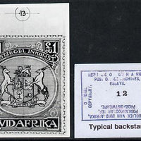 South Africa 1926-27 issue Public Works Dept B&W photograph of original £1 Coat of Arms essay inscribed in Afrikaans, approximately twice stamp-size. Official photograph from the original artwork held by the Government Printer in ……Details Below