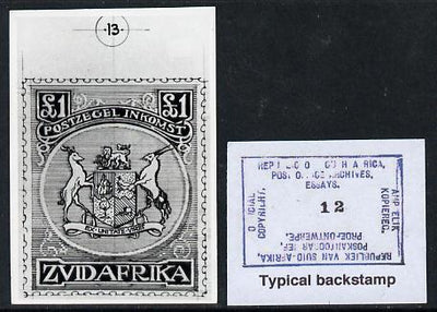 South Africa 1926-27 issue Public Works Dept B&W photograph of original £1 Coat of Arms essay inscribed in Afrikaans, approximately twice stamp-size. Official photograph from the original artwork held by the Government Printer in ……Details Below