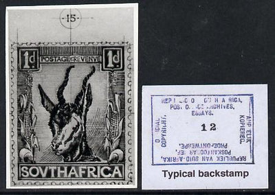 South Africa 1926-27 issue Public Works Dept B&W photograph of original 1d Springbok essay inscribed in English, approximately twice stamp-size. Official photograph from the original artwork held by the Government Printer in Preto……Details Below