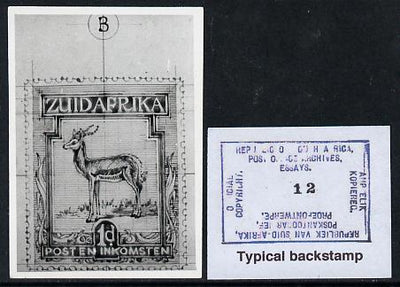 South Africa 1926-27 issue Public Works Dept B&W photograph of original 1d Springbok essay inscribed in Afrikaans approximately twice stamp-size. Official photograph from the original artwork held by the Government Printer in Pret……Details Below