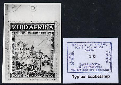South Africa 1926-27 issue Public Works Dept B&W photograph of original 2.5d Pictorials essay inscribed in Afrikaans, approximately twice stamp-size. Official photograph from the original artwork held by the Government Printer in ……Details Below