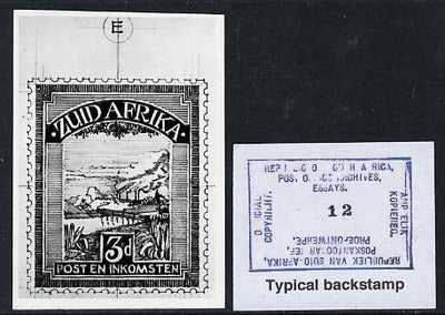 South Africa 1926-27 issue Public Works Dept B&W photograph of original 3d Pictorials essay inscribed in Afrikaans, approximately twice stamp-size. Official photograph from the original artwork held by the Government Printer in Pr……Details Below