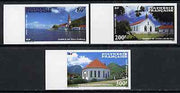 French Polynesia 1986 Protestant Churches imperf set of 3 each in gutter pair with label between from limited printing, unmounted mint as SG 495-97
