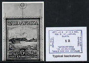 South Africa 1926-27 issue Public Works Dept B&W photograph of original 6d Pictorials essay inscribed in Afrikaans, approximately twice stamp-size. Official photograph from the original artwork held by the Government Printer in Pr……Details Below