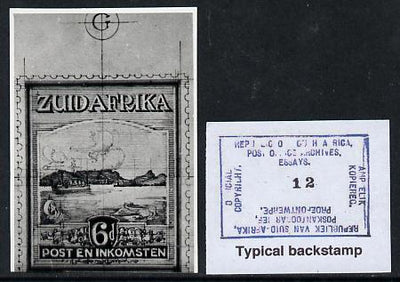 South Africa 1926-27 issue Public Works Dept B&W photograph of original 6d Pictorials essay inscribed in Afrikaans, approximately twice stamp-size. Official photograph from the original artwork held by the Government Printer in Pr……Details Below