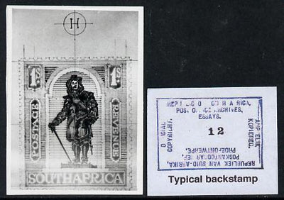 South Africa 1926-27 issue Public Works Dept B&W photograph of original 1s Van Reibeck essay inscribed in English, approximately twice stamp-size. Official photograph from the original artwork held by the Government Printer in Pre……Details Below