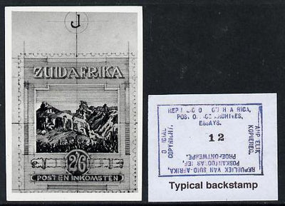 South Africa 1926-27 issue Public Works Dept B&W photograph of original 2s6d essay inscribed in Afrikaans, approximately twice stamp-size. Official photograph from the original artwork held by the Government Printer in Pretoria wi……Details Below
