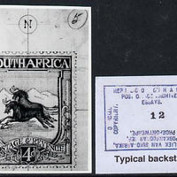 South Africa 1926-27 issue Public Works Dept B&W photograph of original 4d Wildebeest essay inscribed in English, approximately twice stamp-size. Official photograph from the original artwork held by the Government Printer in Pret……Details Below