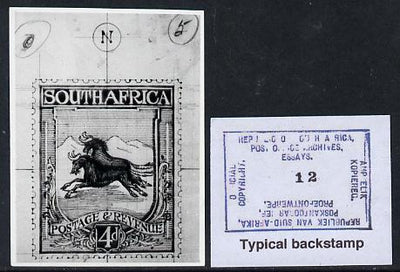 South Africa 1926-27 issue Public Works Dept B&W photograph of original 4d Wildebeest essay inscribed in English, approximately twice stamp-size. Official photograph from the original artwork held by the Government Printer in Pret……Details Below