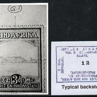 South Africa 1926-27 issue Public Works Dept B&W photograph of original 3d Pictorial essay inscribed in Afrikaans, approximately twice stamp-size. Official photograph from the original artwork held by the Government Printer in Pre……Details Below