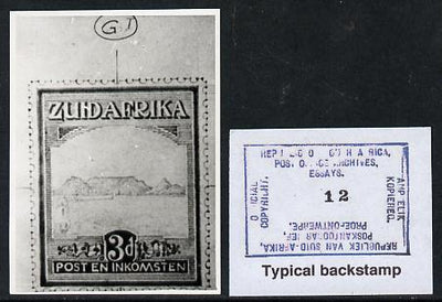 South Africa 1926-27 issue Public Works Dept B&W photograph of original 3d Pictorial essay inscribed in Afrikaans, approximately twice stamp-size. Official photograph from the original artwork held by the Government Printer in Pre……Details Below