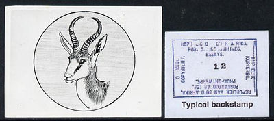 South Africa 1926-27 issue B&W photograph of original 1/2d Springbok design within circle, approximately twice stamp-size similar to issued stamp which is included. Official photograph from the original artwork held by the Governm……Details Below