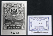 Cape of Good Hope 1900 Table Mountain B&W photograph of original 1d design approximately twice stamp-size slightly different to issued stamp. Official photograph from the original artwork held by the Government Printer in Pretoria……Details Below